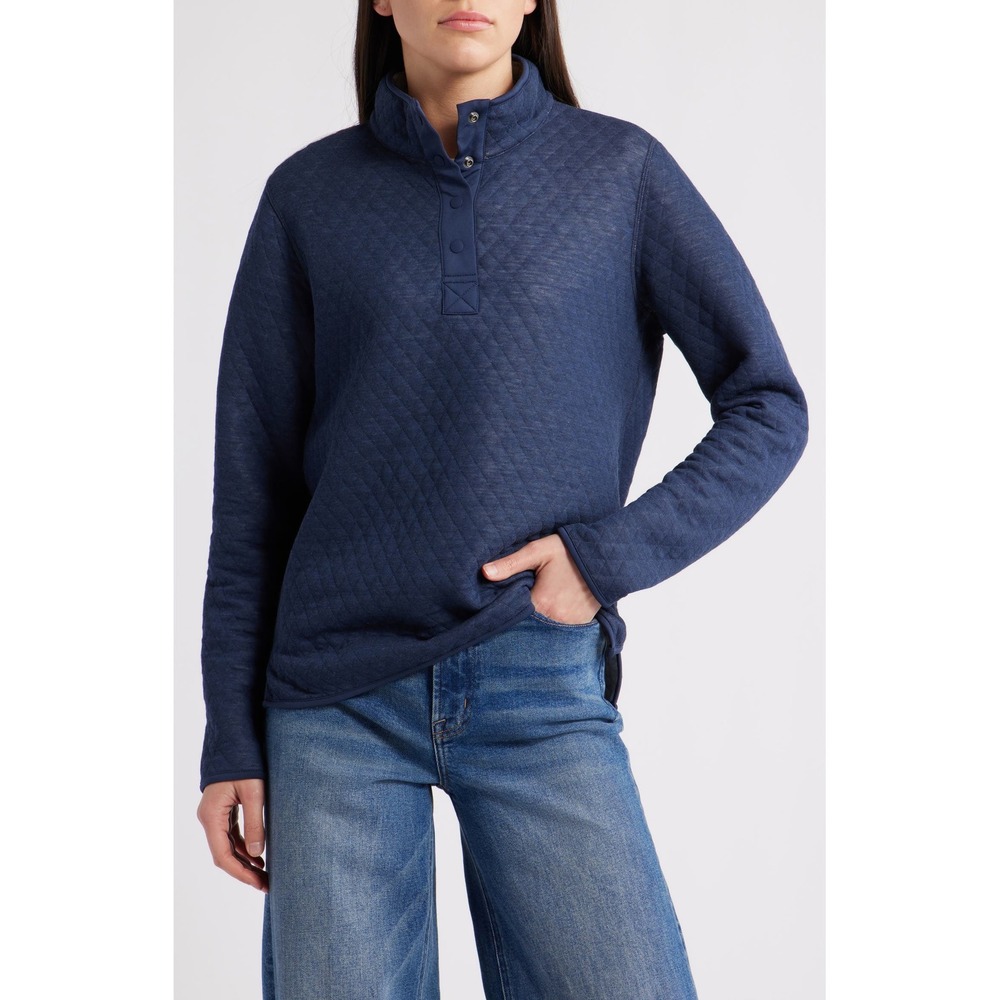 Marine Layer Corbet Quilted Pullover Navy Blue Snap Neck Sweatshirt Women's XS - Picture 11 of 12